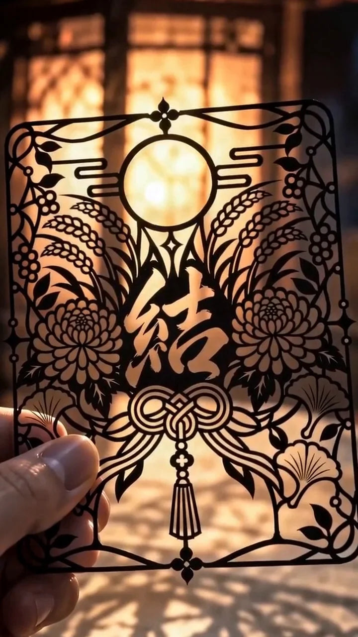 An intricate black paper talisman held against warm lantern light, revealing its delicate cutwork and shadows.
