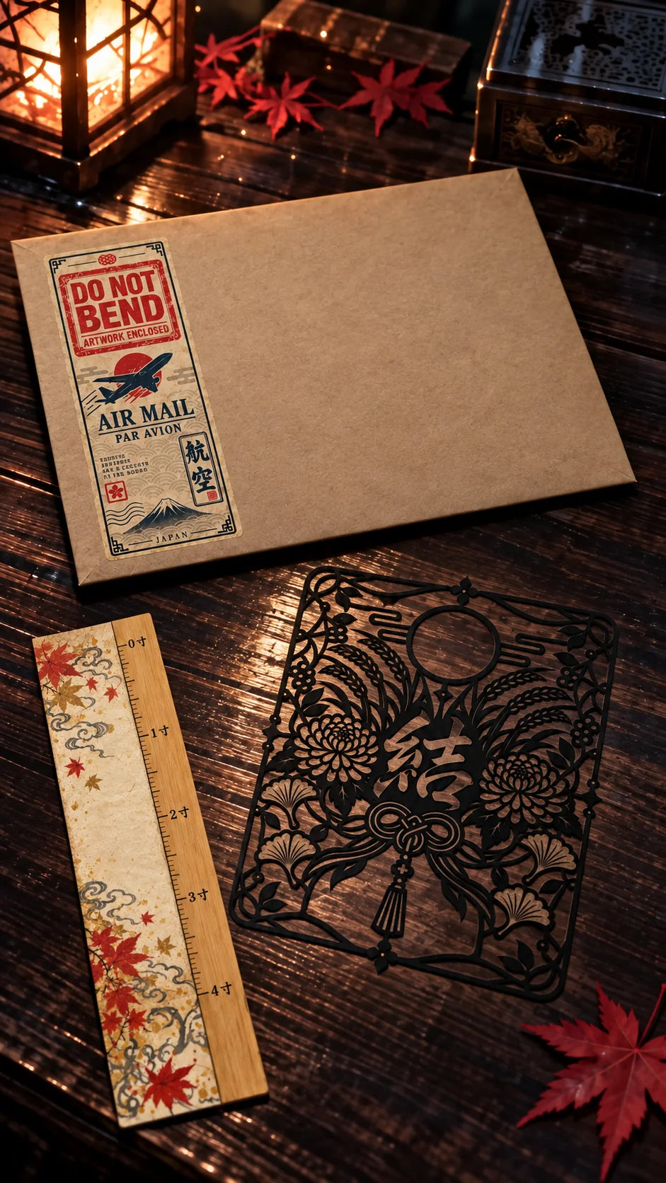 An illustrated first glimpse of Ren’s envelope and paper objects on a candlelit wooden table.