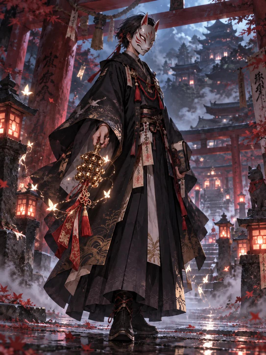 Ren in black and antique-gold robes, holding bells in his right hand beneath a red shrine gate. His fox mask conceals his face.
