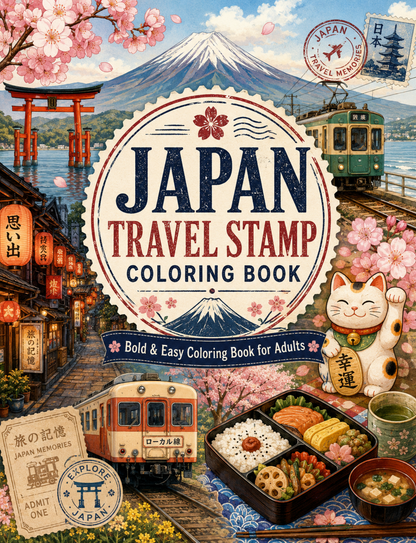 Japan Travel Stamp Coloring Book: Bold & Easy Coloring Book for Adults