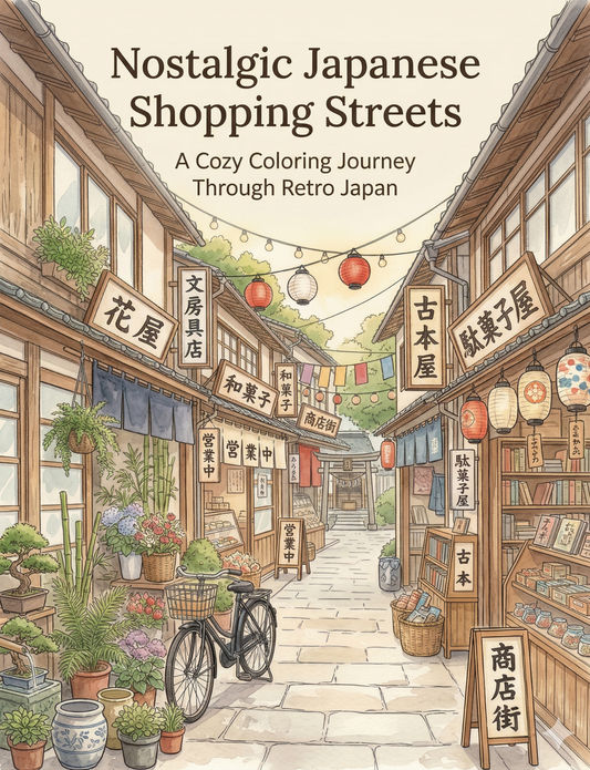 Nostalgic Japanese Shopping Streets: A Cozy Coloring Journey Through Retro Japan