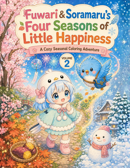 Fuwari & Soramaru's Four Seasons of Little Happiness: A Cozy Seasonal Coloring Adventure