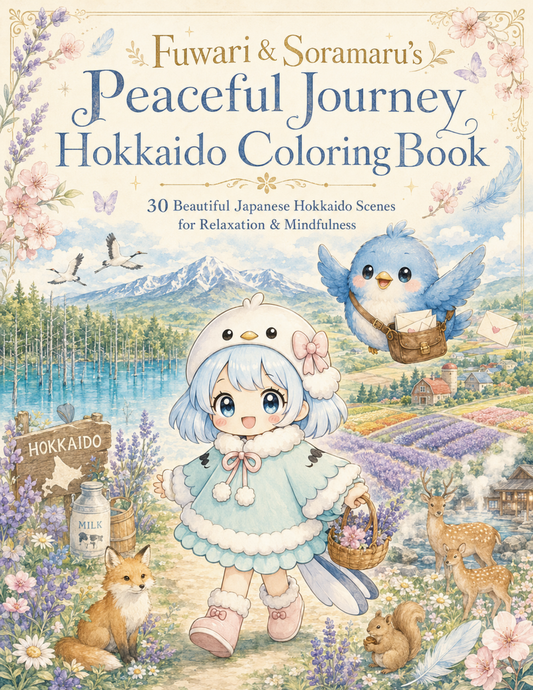 Fuwari & Soramaru's Peaceful Journey Hokkaido Coloring Book: 30 Beautiful Japanese Hokkaido Scenes