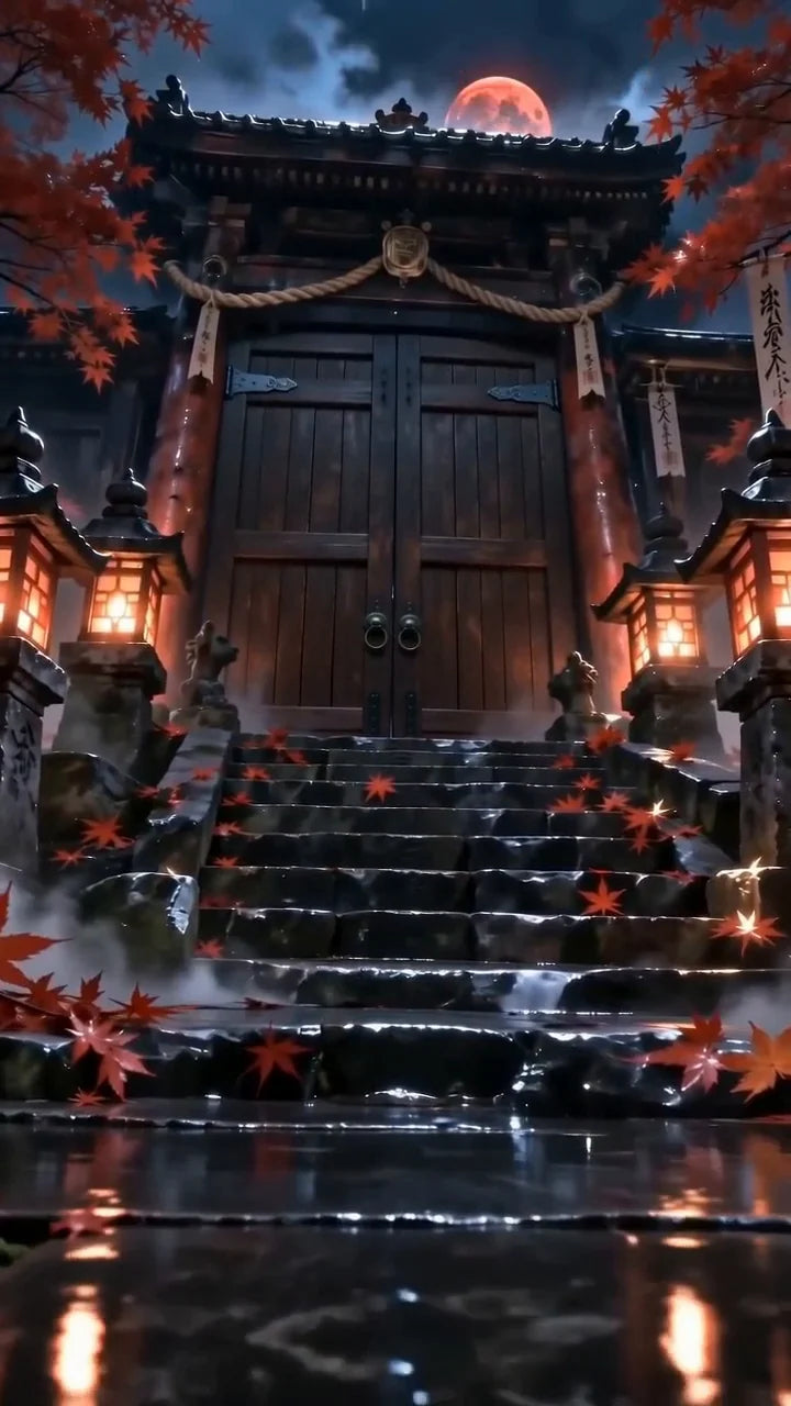 The closed wooden gates of the Hidden Shrine, lit by the last light of autumn.