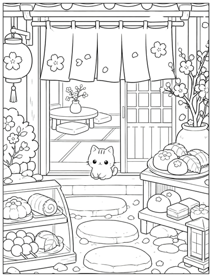 Kawaii Cat & Japanese Sweets Coloring Book