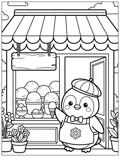 Kawaii Penguin Ice Cream Coloring Book